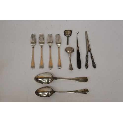 69 - A BOX CONTAINING HALLMARKED SILVER CUTLERY TOGETHER A BUTTON HOOK, ETC., WEIGHT 330 GRAM