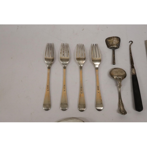 69 - A BOX CONTAINING HALLMARKED SILVER CUTLERY TOGETHER A BUTTON HOOK, ETC., WEIGHT 330 GRAM