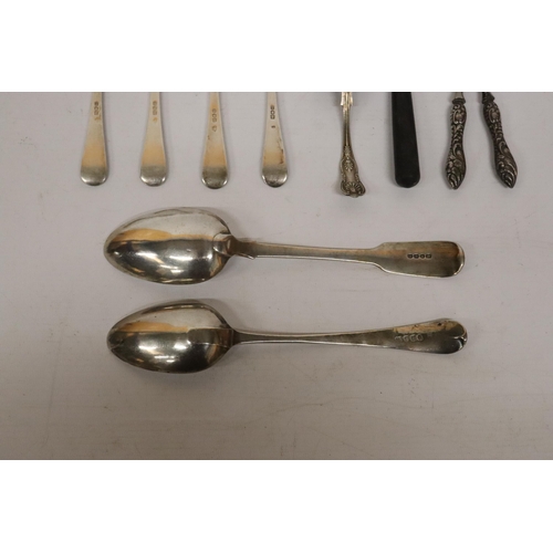 69 - A BOX CONTAINING HALLMARKED SILVER CUTLERY TOGETHER A BUTTON HOOK, ETC., WEIGHT 330 GRAM