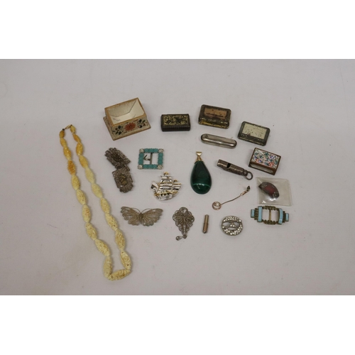 71 - A YELLOW METAL MOUNTED MALACHITE PENDANT, ENAMEL BUCKLES AND OTHER ASSORTED ITEMS