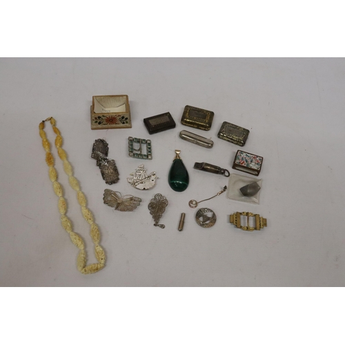 71 - A YELLOW METAL MOUNTED MALACHITE PENDANT, ENAMEL BUCKLES AND OTHER ASSORTED ITEMS