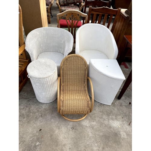 2689 - A LLOYD LOOM CHAIR AND LINEN BOX, A LLOYD LOOM STYLE CHAIR AND LINEN BOX, CHILDS WICKER AND A BAMBOO... 