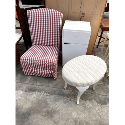 2696 - A BEDROOM CHAIR, OVAL STOOL AND PAINTED LOCKER