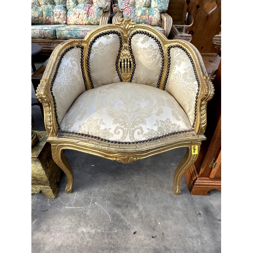 2717 - A 19TH CENTURY STYLE GOLD PAINTED ARMCHAIR WITH CARVED FOLIATE BACK, ON CABRIOLE LEGS