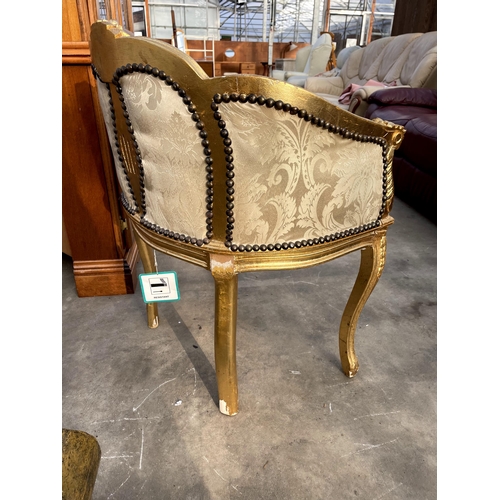 2717 - A 19TH CENTURY STYLE GOLD PAINTED ARMCHAIR WITH CARVED FOLIATE BACK, ON CABRIOLE LEGS