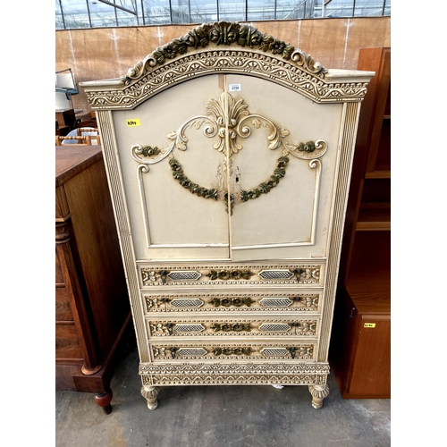 2720 - A 19TH CENTURY STYLE CREAM AND GILT TALLBOY WITH FOUR DRAWERS TO THE BASE, 38