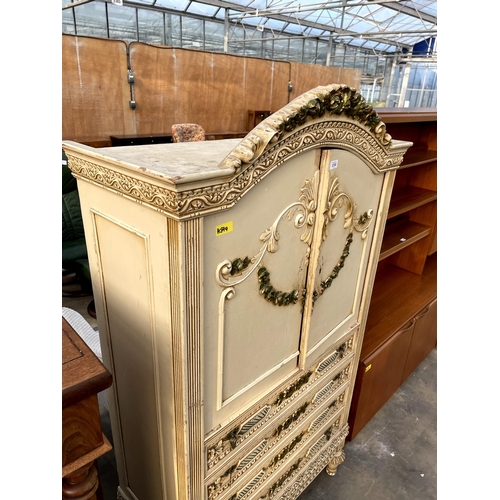 2720 - A 19TH CENTURY STYLE CREAM AND GILT TALLBOY WITH FOUR DRAWERS TO THE BASE, 38