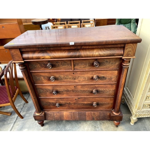 2721 - A VICTORIAN MAHOGANY CHEST OF TWO SHORT AND FOUR LONG GRADUATED DRAWERS COMPLETE WITH SECRET FRIEZE ... 