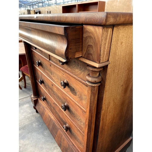 2721 - A VICTORIAN MAHOGANY CHEST OF TWO SHORT AND FOUR LONG GRADUATED DRAWERS COMPLETE WITH SECRET FRIEZE ... 