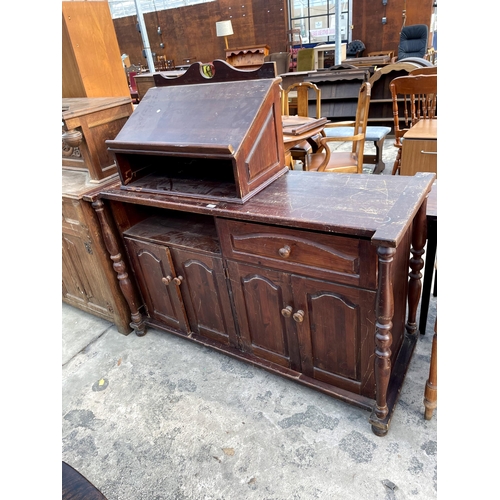 2841 - A MODERN PINE RESTAURANT SIDEBOARD ENCLOSING DRAWER AND CUPBOARDS, COMPLETE WITH WRITING SLOPE, 59