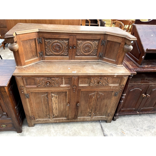 2842 - A MID 20TH CENTURY OAK COURT CUPBOARD WITH CARVED PANEL DOORS AND DRAWERS, 48