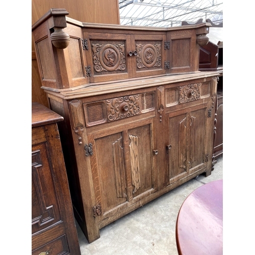 2842 - A MID 20TH CENTURY OAK COURT CUPBOARD WITH CARVED PANEL DOORS AND DRAWERS, 48