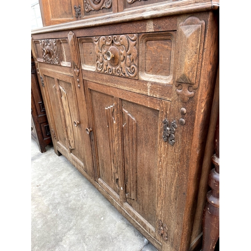 2842 - A MID 20TH CENTURY OAK COURT CUPBOARD WITH CARVED PANEL DOORS AND DRAWERS, 48