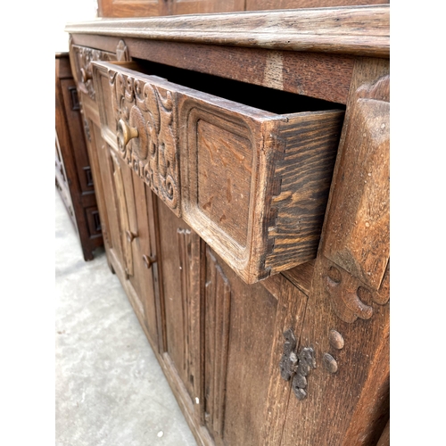 2842 - A MID 20TH CENTURY OAK COURT CUPBOARD WITH CARVED PANEL DOORS AND DRAWERS, 48