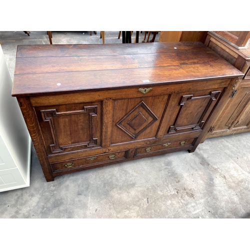 2843 - A GEORGE III OAK BLANKET CHEST WITH CARVED PANEL FRONT AND TWO DRAWERS, 54