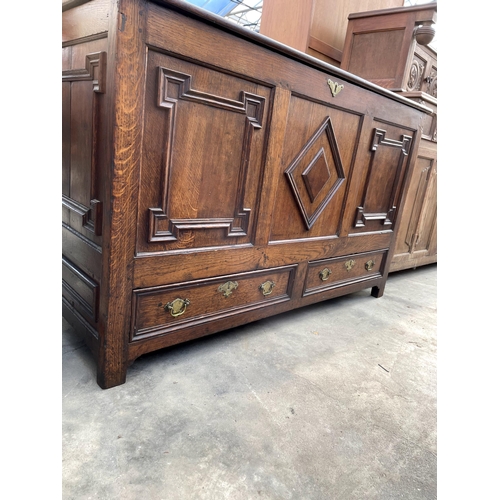 2843 - A GEORGE III OAK BLANKET CHEST WITH CARVED PANEL FRONT AND TWO DRAWERS, 54