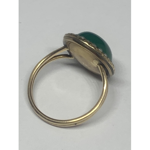 674 - A YELLOW METAL RING WITH GREEN STONE AND PEARLS GROSS WEIGHT 5 GRAMS SIZE M/N