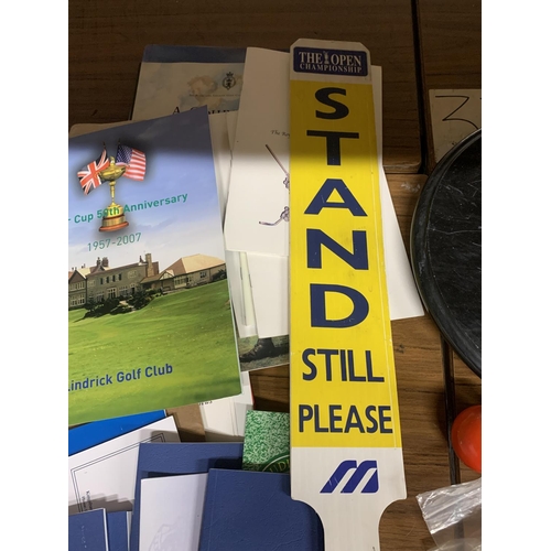 1130 - A COLLECTION OF GOLF RELATED ITEMS TO INCLUDE THE OPEN CHAMPIONSHIP 'QUIET PLEASE' SIGN, PLUS BOOKLE... 