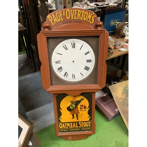 1136 - A PAGE & OVERTON'S BREWERY 'OATMEAL STOUT' WOODEN ADVERTISING BOARD WITH A CLOCK FACE, 45CM X 107CM