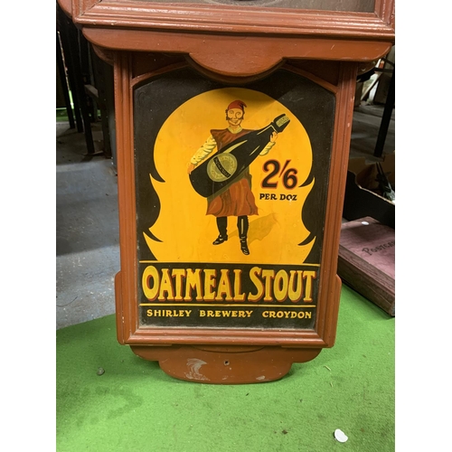 1136 - A PAGE & OVERTON'S BREWERY 'OATMEAL STOUT' WOODEN ADVERTISING BOARD WITH A CLOCK FACE, 45CM X 107CM