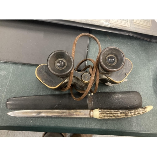 182A - A PAIR OF VINTAGE BINOCULARS AND A BONE HANDLED CASED LETTER OPENER