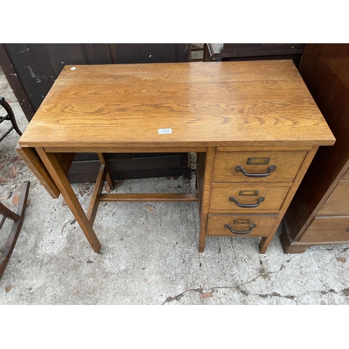 3144 - A MID 20TH CENTURY OK SINGLE PEDESTAL DESK WITH DROP LEAF, 35