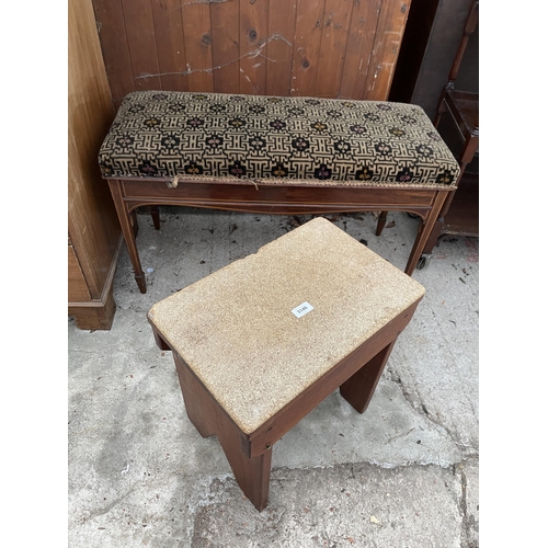 3146 - AN EDWARDIAN ROSEWOOD AND INLAID DUET STOOL ON TAPERING LEGS WITH SPADE FEET AND MODERN HARDWOOD STO... 