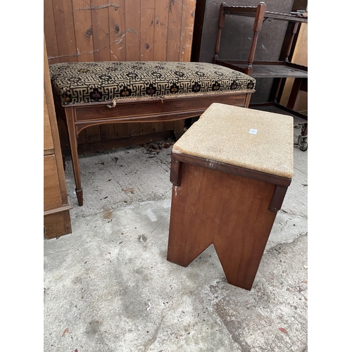 3146 - AN EDWARDIAN ROSEWOOD AND INLAID DUET STOOL ON TAPERING LEGS WITH SPADE FEET AND MODERN HARDWOOD STO... 