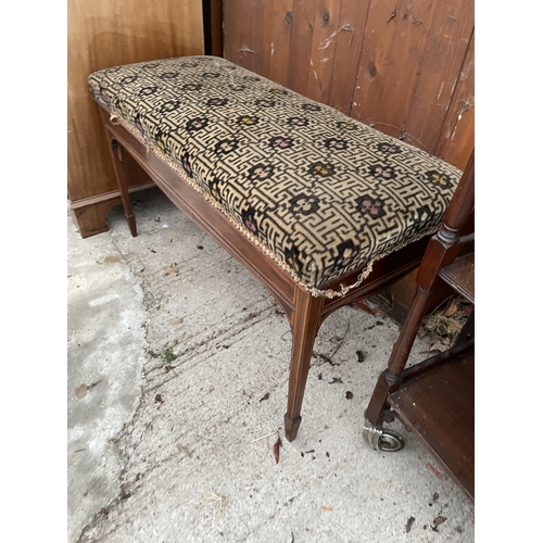 3146 - AN EDWARDIAN ROSEWOOD AND INLAID DUET STOOL ON TAPERING LEGS WITH SPADE FEET AND MODERN HARDWOOD STO... 