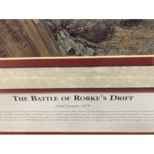 445 - A FRAMED COLOURED PRINT 'THE BATTLE OF ROURKES DRIFT', 67 X 89CM