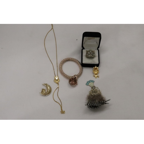 211 - A QUANTITY OF OWL RELATED COSTUME JEWELLERY TO INCLUDE A BOXED RING, BROOCH, NECKLACE, PENDANT, ETC