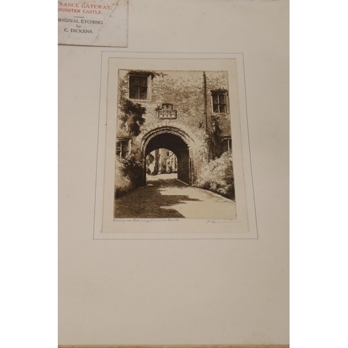 300 - AN ORIGINAL ETCHING OF THE ENTRANCE GATEWAY TO DUNSTER CASTLE, BY C. DICKENS, SIGNED