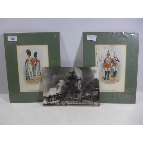 340 - TWO MOUNTED COLOURED PRINTS OF LIFEGUARDS AND THE GRENADIER GUARDS, AND A BLACK AND WHITE PHOTO OF T... 