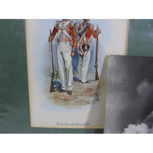 340 - TWO MOUNTED COLOURED PRINTS OF LIFEGUARDS AND THE GRENADIER GUARDS, AND A BLACK AND WHITE PHOTO OF T... 