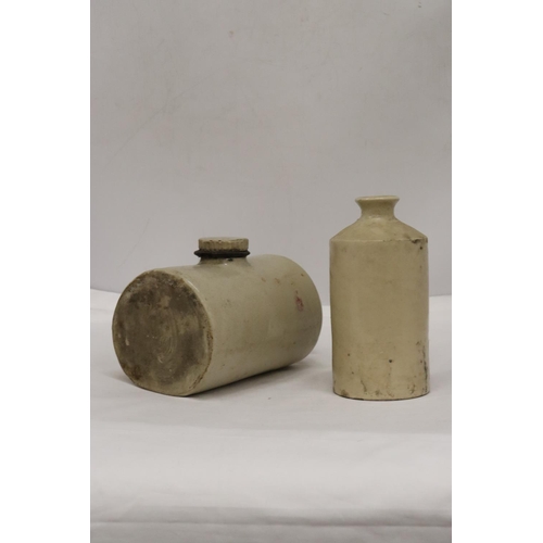 487 - AN ANTIQUE STONEWARE LARGE INK BOTTLE TOGETHER WITH A STONE BED WARMER