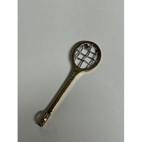 513 - A LATE 2OTH CENTURY 9CT YELLOW GOLD AND DIAMOND TENNIS RACKET PENDANT BY CJ OF SHEFFIELD 1984, WEIGH... 