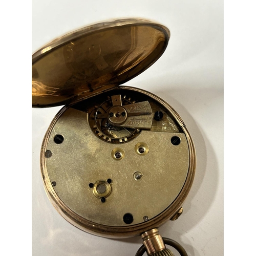 517 - A GENTLEMAN'S 9CT GOLD OPEN FACED POCKET WATCH GROSS WEIGHT 89.24 GRAMS WITH LEVER ESCAPEMENT AND A ... 