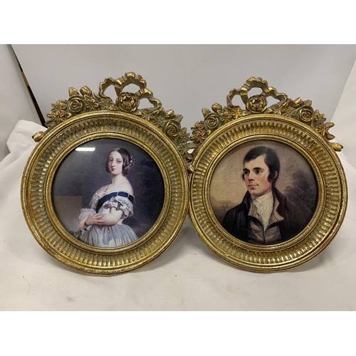 778 - TWO ROUND GILT FRAMED PORTRAIT PRINTS OF A MAN AND A LADY, HEIGHT 24CM