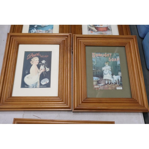 826 - SIX FRAMED ADVERTISING PRINTS TO INCLUDE PEARS' AND LIFEBUOY SOAP, 23CM X 28CM