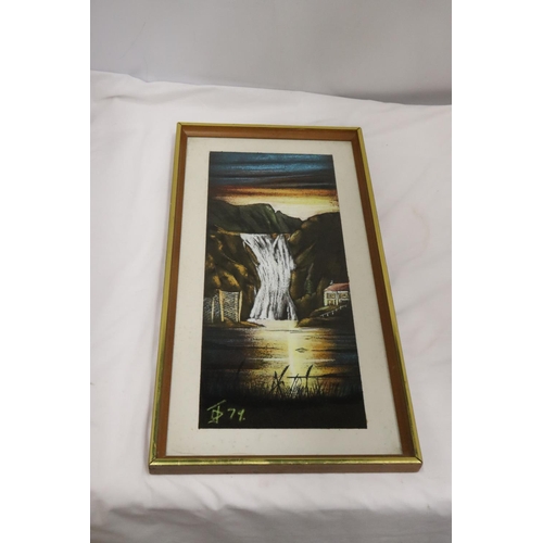 915 - TWO FRAMED PRINTS ONE OF A WATERFALL AND AN ORIENTAL OF BOATS