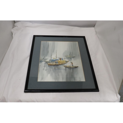 915 - TWO FRAMED PRINTS ONE OF A WATERFALL AND AN ORIENTAL OF BOATS