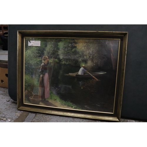 916 - A FRAMED PRINT OF VINTAGE BOATING SCENE ON A LAKE WITH A LADY LOOKING ON, 71CM X 55CM