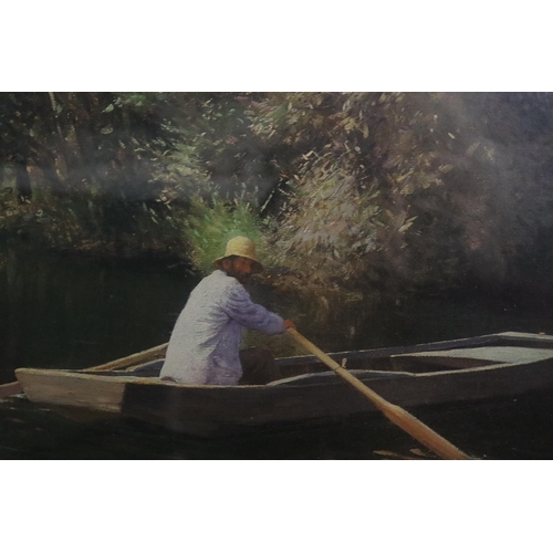 916 - A FRAMED PRINT OF VINTAGE BOATING SCENE ON A LAKE WITH A LADY LOOKING ON, 71CM X 55CM