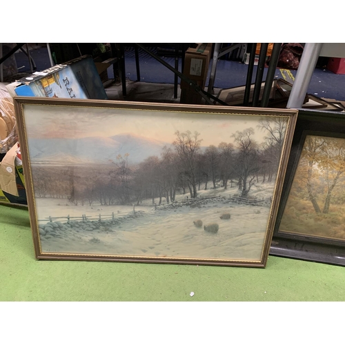 939 - FOUR LARGE FRAMED PRINTS, TWO SHIPPING SCENES, A VINTAGE WOODLAND GLADE AND A J FARQUHARSON OF SHEEP... 