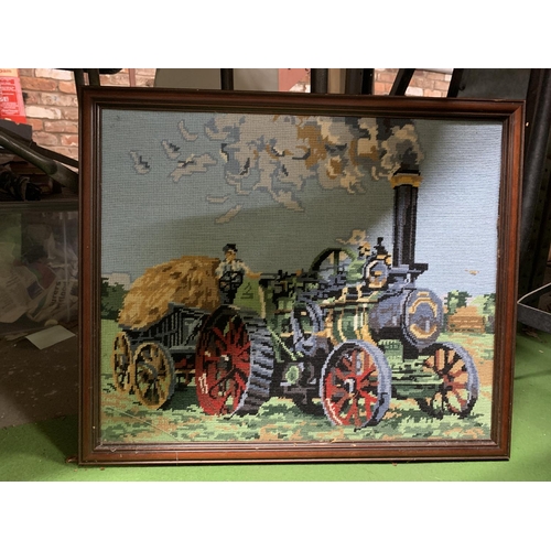 942 - A LARGE TAPESTRY OF A TRACTOR TOGETHER WITH FOUR FRAMED PRINTS