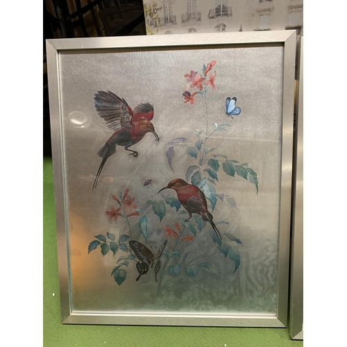 944 - TWO FRAMED PRINTS WITH A SILVERED BACKGROUND, ONE OF BIRDS, THE OTHER A FAIRY SITTING ON A TOADSTOOL