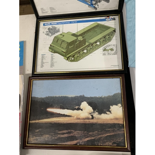 965 - TWO FRAMED MILITARY PRINTS TO INCLUDE A ROCKET POD AT2 AND A CARRIER PLUS A PRINT OF A ROCKET BEING ... 