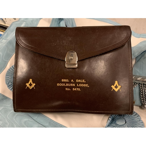 967 - A MASONIMC APRON IN A LEATHER POUCH BELONGED TO BRO. A. DALE, GOULBURN LODGE, NO. 8478