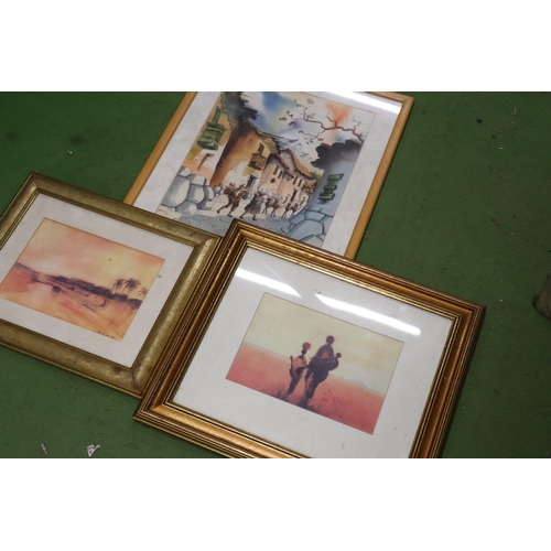 1062 - THREE FRAMED PRINTS TO INCLUDE AFRICAN SCENES (ONE SIGNED BY ARTIST)