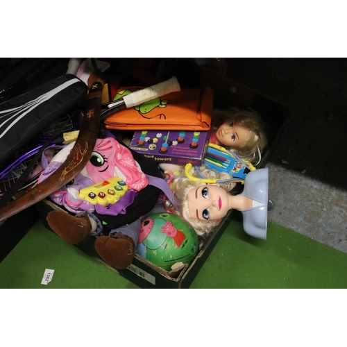 1065 - A LARGE QUANTITY OF TOYS AND SPORTING EQUIPMENT TO INCLUDE TENNIS RACKETS, BOOMERANG, PLAYMATS, SOFT... 